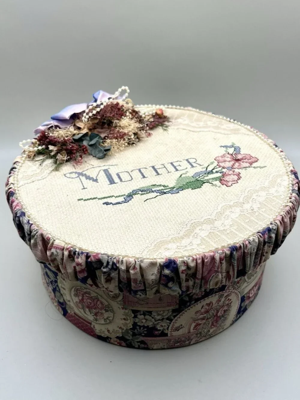 VTG Cross Stitch Mother Hat Sewing Box Round Keepsake Dried Flowers Victorian